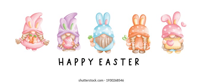 Happy Easter Banner with gnome, Digital paint. Vector illustration. 