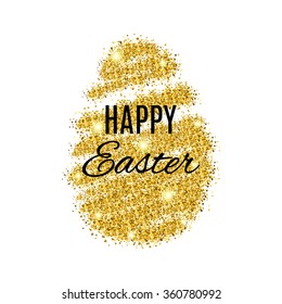 Happy Easter banner with gold glitter egg. Elegant vector illustration with a congratulation. Gold sparkles on white background, gold glitter background. 