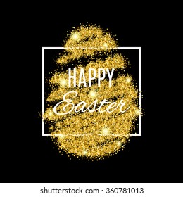 Happy Easter banner with gold glitter egg. Elegant vector illustration with a congratulation. Gold sparkles on black background, gold glitter background.