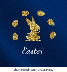 Happy Easter banner with gold glittering rabbit silhouette and eggs on dark blue background. Cute bunny for branding, label, kids invitation, poster, greeting cards. Vector illustration