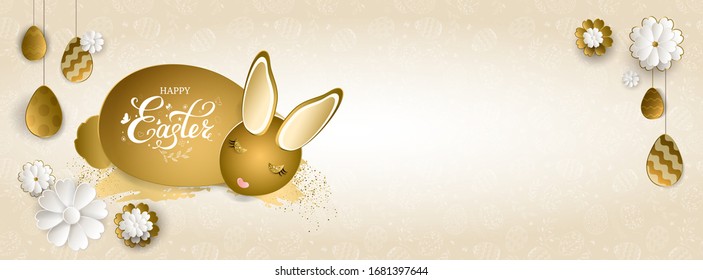 Happy Easter banner. Gold rabbit with brush stroke, glittering, hanging gold eggs, flowers. For cover social network, invitation, poster, banner. Paper art style. Eggs pattern. Vector illustration.
