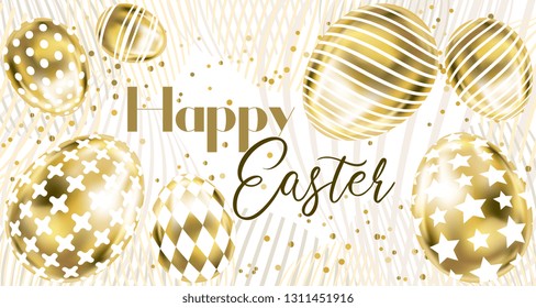 Happy Easter banner with golden eggs and confetti on the white background