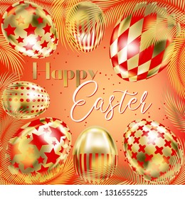 Happy Easter banner with golden eggs and palm branches on the red square card