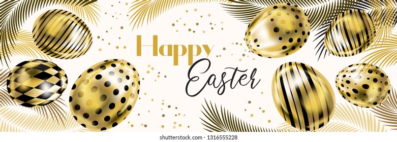 Happy Easter banner with golden eggs and palm branches on the white background