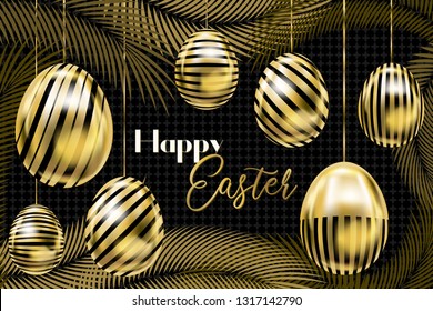 Happy Easter banner with golden eggs on the ropes and palm branches on the black card