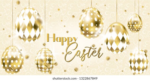 Happy Easter banner with golden eggs and dot confetti