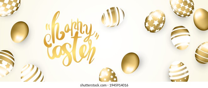 Happy Easter banner with golden eggs on background
