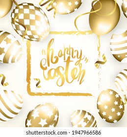 Happy Easter banner with golden eggs on background
