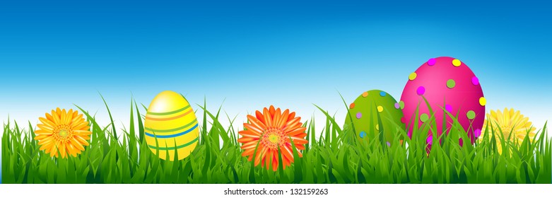 Happy Easter Banner With Grass And Eggs With Gradient Mesh, Vector Illustration