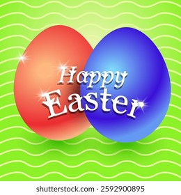 Happy Easter banner green background bright colorful eggs