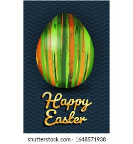 Feliz pancarta de Pascua con huevo verde. Símbolo tradicional de vacaciones de primavera. Plantilla de tarjeta de felicitación con un hermoso huevo pintado con pinceladas de pincel. Ilustración vectorial del evento de celebración cristiana.