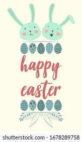 Happy easter banner with green rabbits, easter eggs and floral ornaments. Vector illustration with cute bunny for greeting card, invitations and prints.