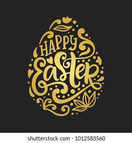 Happy Easter banner, greeting card template. Golden egg design element with handwritten doodle lettering inscription. Modern calligraphy. Vector illustration