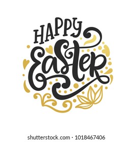 Happy Easter banner, greeting card background template with hand written modern calligraphy, isolated on white. Holiday poster. Typography design. Vector illustration