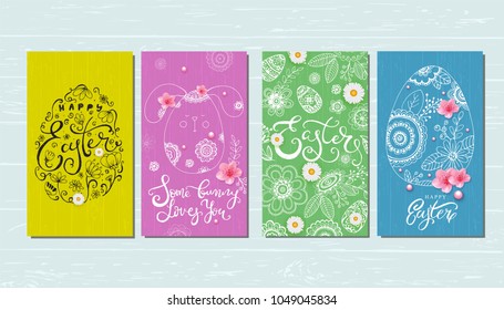 Happy Easter banner, greeting card with hand drawn flowers, eggs on wood background. 