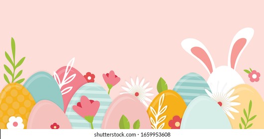 Happy Easter banner. Greeting card, poster or banner with bunny, flowers and Easter egg. Egg hunt poster. Spring background