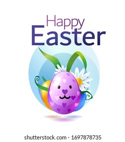 Happy Easter banner, greeting card design concept. Coloured eggs, green grass, chamomile elements make up a stylized drawing of a Easter Bunny. Editable EPS vector