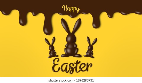 happy easter banner greeting card design with 3d chocolate rabbit figures and melted brown icing on yellow background