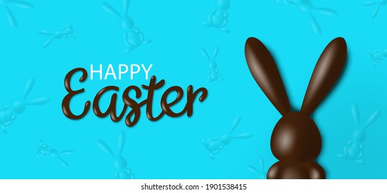 happy easter banner greeting card design with 3d chocolate rabbit figure   on blue background