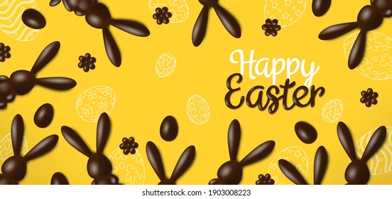 happy easter banner greeting card design with 3d chocolate rabbits eggs flowers  on yellow background