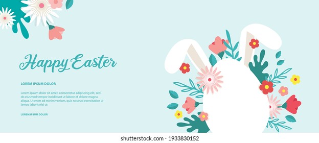 Happy Easter banner. Greeting card, poster or banner with bunny, flowers and Easter egg. Egg hunt poster. Spring background