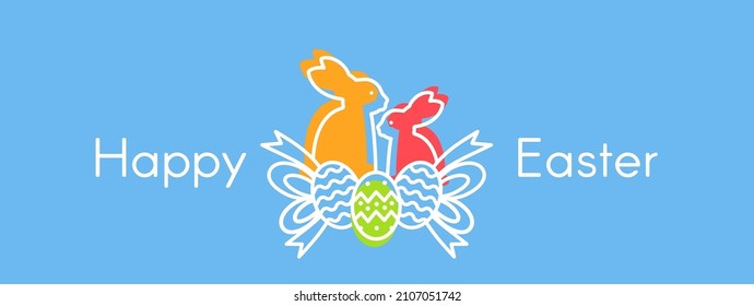 happy easter banner greeting card with rabbits eggs and ribbons outline vector illustration