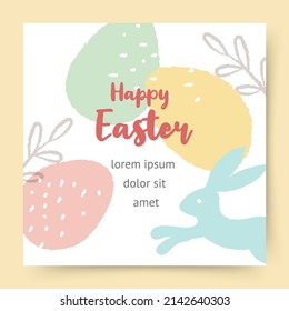 Happy Easter banner, greeting card, poster, holiday cover, social media post. Vector square background with flowers, eggs and a bunny in pastel colors