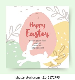 Happy Easter banner, greeting card, poster, holiday cover, social media post. Vector square background with flowers, eggs and a bunny in pastel colors
