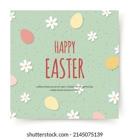 Happy Easter banner, greeting card, poster, holiday cover, social media post. Vector square background with flowers, eggs in pastel colors