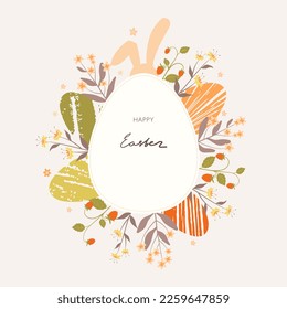 Happy Easter banner, greeting card or poster. Cute vector illustration with typography, bunny ears , exotic flowers, berries and eggs, in pastel colors. Modern flat minimalistic style.