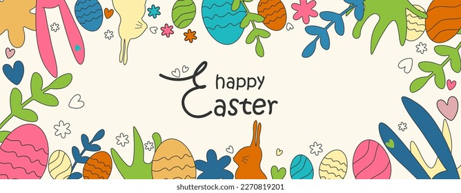 Cartel de Feliz Pascua, tarjeta de felicitación, afiche, portada de vacaciones. Diseño moderno con plantas pintadas a mano, huevos y orejas de conejo con colores de moda en un fondo claro. El estilo minimalista del arte contemporáneo. Vector