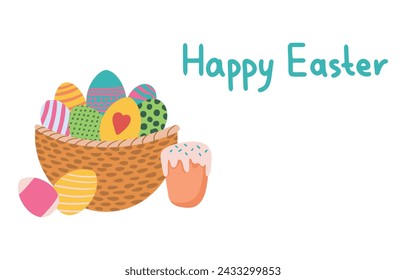 Happy Easter banner. Greeting card, poster or banner with bunny, flowers and Easter egg. Egg hunt poster. Spring background