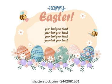 Happy easter banner or greeting card with eggs, flowers and bee.