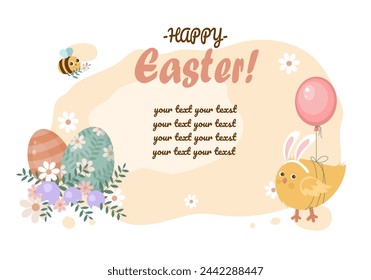Happy easter banner or greeting card with eggs, flowers , bee and cute chicken.	