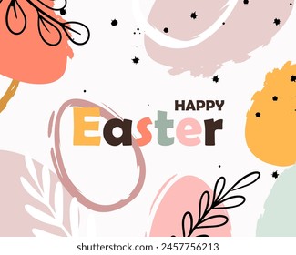 Happy Easter banner. Greeting card, poster, holiday cover. Trendy Easter design eggs and bunny in pastel colors. Modern minimal style. Vector illustration EPS10