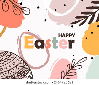 Happy Easter banner. Greeting card, poster, holiday cover. Trendy Easter design eggs and bunny in pastel colors. Modern minimal style. Vector illustration EPS10