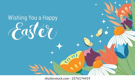 Happy Easter Banner, a Greeting Card with colorful spring flowers against blue sky and butterflies.  Easter Holiday Card Vector Illustration