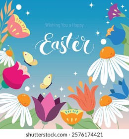 Happy Easter Banner, a Greeting Card with colorful spring flowers against blue sky and butterflies.  Easter Holiday Card Vector Illustration