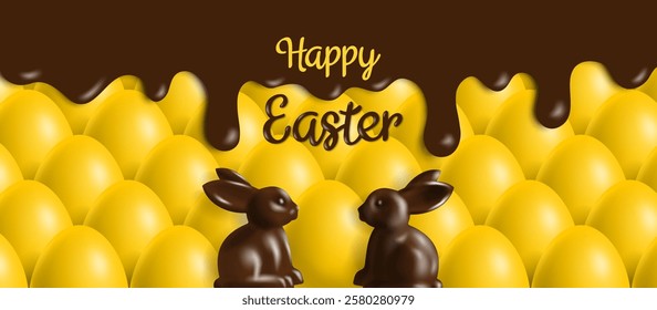 happy easter banner greeting card design with 3d chocolate rabbit figures and melted brown icing on yellow eggs background vector illustration