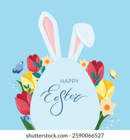 Happy Easter Banner, a Greeting Card with Easter egg shape colorful spring flowers, tulips and Bunny ears against blue sky and butterflies. Easter Holiday Card Vector Illustration
