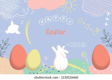 Happy Easter banner for greeting cards, posters. Trendy hand drawn design with eggs, rabbit and lettering in pastel colors. Modern art minimalist style.