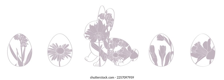 Happy Easter banner, greeting cards, posters, holiday covers. Trendy design with typography, hand painted flowers and bunny. Modern art minimalist style.