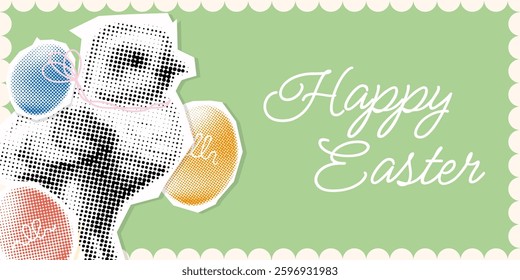 Happy Easter banner halftone collage. trendy modern cutout paper design with cute chicken and easter eggs