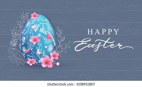 Happy Easter banner with hand drawn flowers, eggs on wood background. 