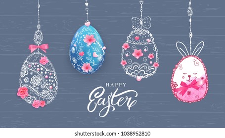 Happy Easter banner with hand drawn flowers, eggs on wood background. 