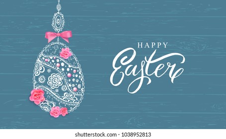 Happy Easter banner with hand drawn flowers, eggs on wood background. 