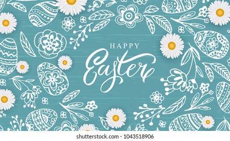 Frohe Osterbanner mit handgezeichneten Blumen, Eier auf Holzhintergrund. 