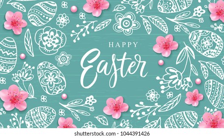 Happy Easter banner with hand drawn flowers, eggs on wood background. 