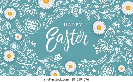 Happy Easter banner with hand drawn flowers on wood background. 