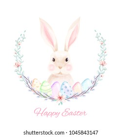 Happy easter banner with hand drawn watercolor eggs, bunny, wreath and pussy willow branches.